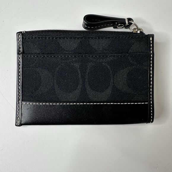 Coach Mini Skinny ID Case Keychain Coin Wallet Signature C Black Canvas Leather - Picture 2 of 9